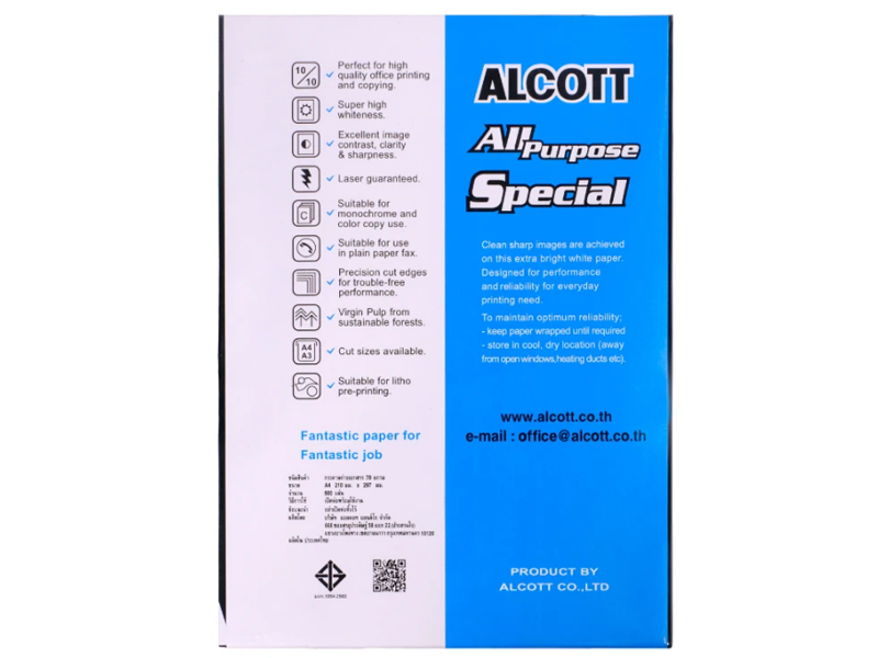 ALCOTT กระดาษถ่ายเอกสาร A4 70G ฟ้า ALCOTT  A4 Laser & Copy Paper 70 G| ABLETOOLThailand.Com
