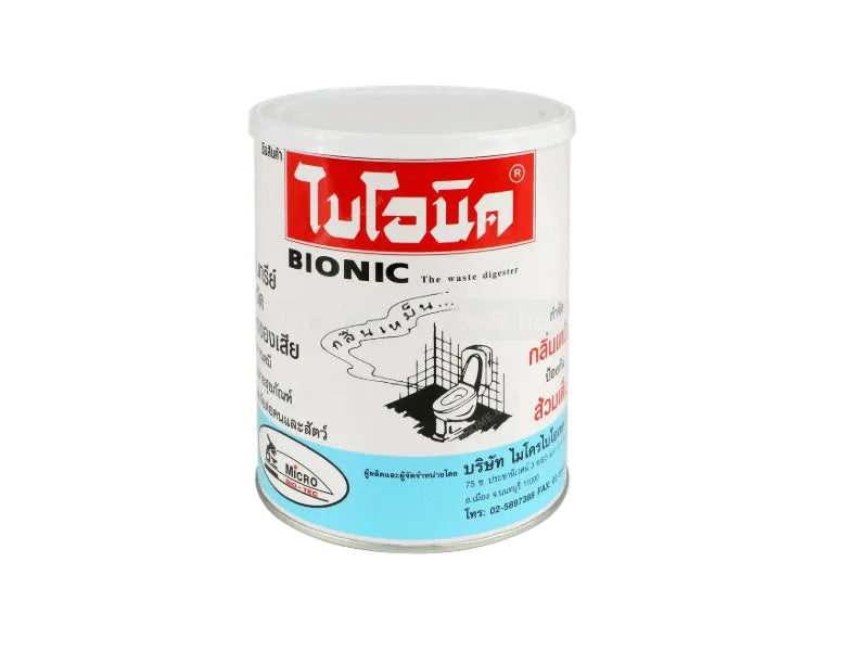 A cylindrical white plastic can of Bionic Toilet Cleaner with Thai text, featuring a red brand logo and a light blue lower label, isolated on a white background.
