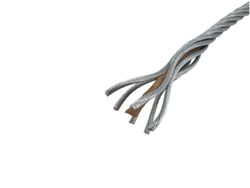 Galvanized steel wire rope with fiber core.