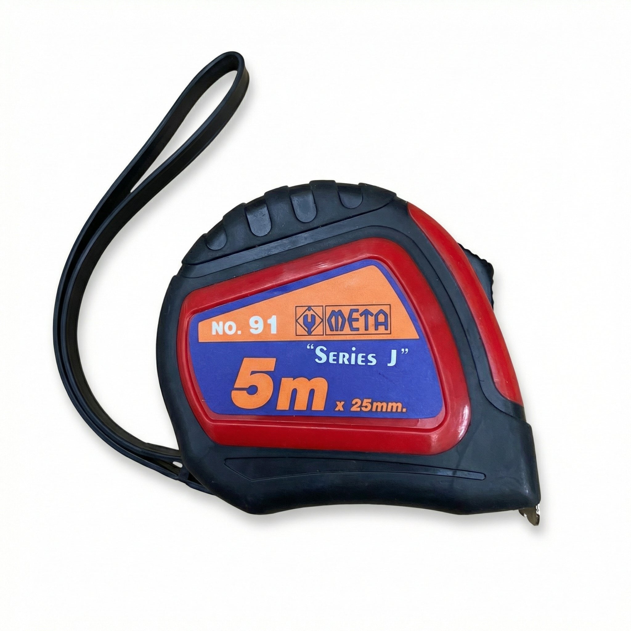 Tape measure with red and blue casing on a white background