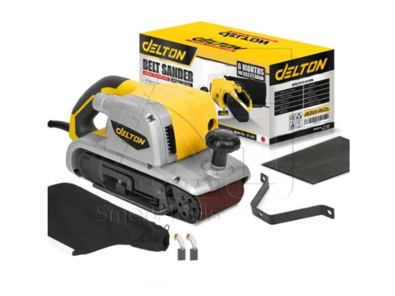 Yellow and black belt sander with visible brand logo on a white background