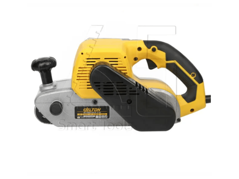 Yellow and black belt sander with visible brand logo on a white background